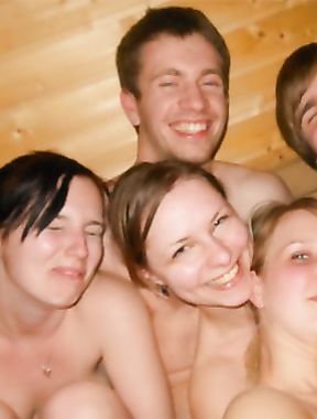 Three students have fun with their GFs in sauna